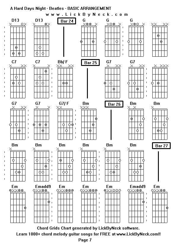 Chord Grids Chart of chord melody fingerstyle guitar song-A Hard Days Night - Beatles - BASIC ARRANGEMENT,generated by LickByNeck software.